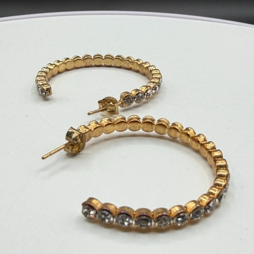 Gold Tone Rhinestone Hoop Earrings Clear Crystal Statement Glamour Gift for Her